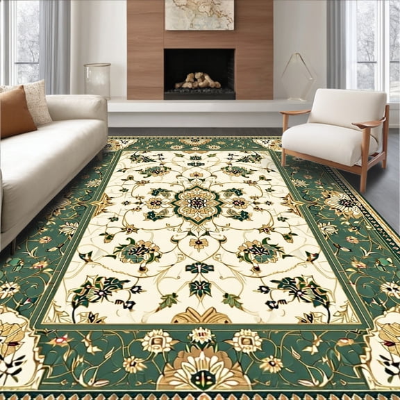 Flatwoven High Traffic Area Rug, Oriental Floral Sage Green with Gold, Non Slip, Stain Resistant, Washable Area Rugs for Living Room, Bedroom(Beige, 2X3)