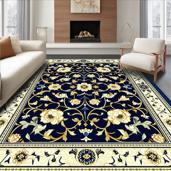 Flatwoven High Traffic Area Rug, Oriental Inspired Layered with Stylized Floral Vines and Curved Scrollwork, Non Slip, Stain Resistant, Washable Area Rugs for Living Room, Bedroom(Navy, 2X3)