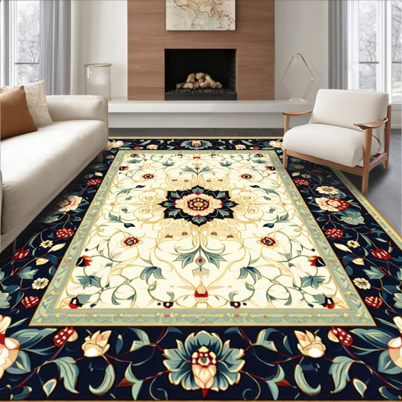 Flatwoven High Traffic Area Rug, Oriental Style Floral Fantasia with Petal Prism Overlay, Non Slip, Stain Resistant, Washable Area Rugs for Living Room, Bedroom(Gold, 2X3)