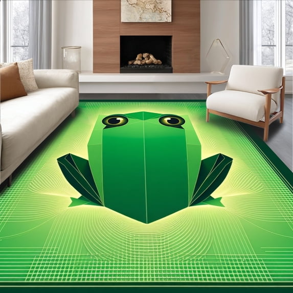 ODIKA 5'x7' Machine Washable Non-Slip Area Rug, Origami Frog Inspired with Playful Geometric Amphibian Shapes High Traffic Rug, Green, 144060