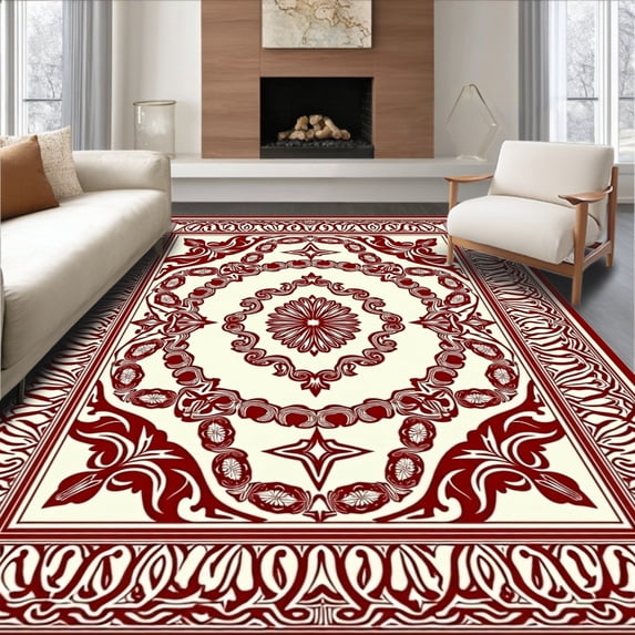 Flatwoven High Traffic Area Rug, Ornamental with Regal Flourishes and Elegant Accents, Non Slip, Stain Resistant, Washable Area Rugs for Living Room, Bedroom(Red, 6X9)
