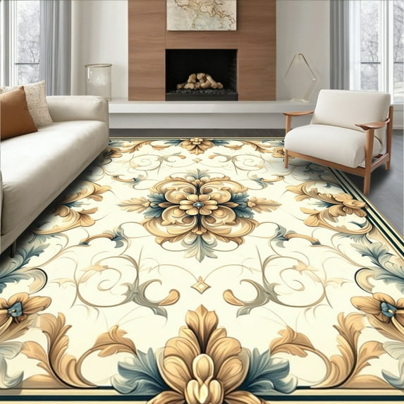 ODIKA 4'x6' Machine Washable Non-Slip Area Rug, Ornate Baroque Scrollwork with Timeless Elegance High Traffic Rug, Gold, 208556