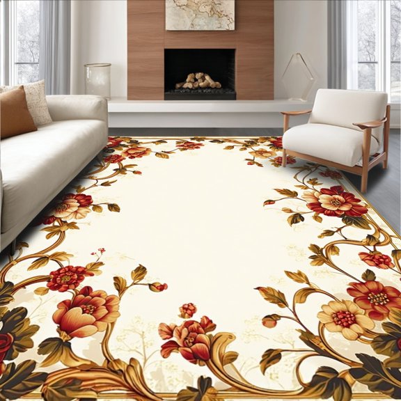 ODIKA 4'x6' Machine Washable Non-Slip Area Rug, Ornate Brocade Inspired with Elegant Scrollwork and Floral Motifs High Traffic Rug, Red, 183206