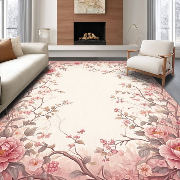 ODIKA 4'x6' Machine Washable Non-Slip Area Rug, Ornate Floral Mauve with Vintage Botanical Detailing High Traffic Rug, Pink, 184881