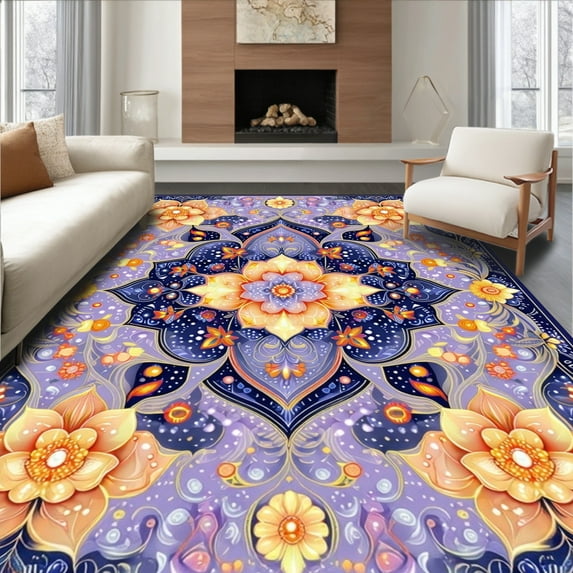 ODIKA 2'x3' Machine Washable Non-Slip Area Rug, Ornate Octagonal with Twisted Starfish and Daffodil Bloom High Traffic Rug, Purple, 197824