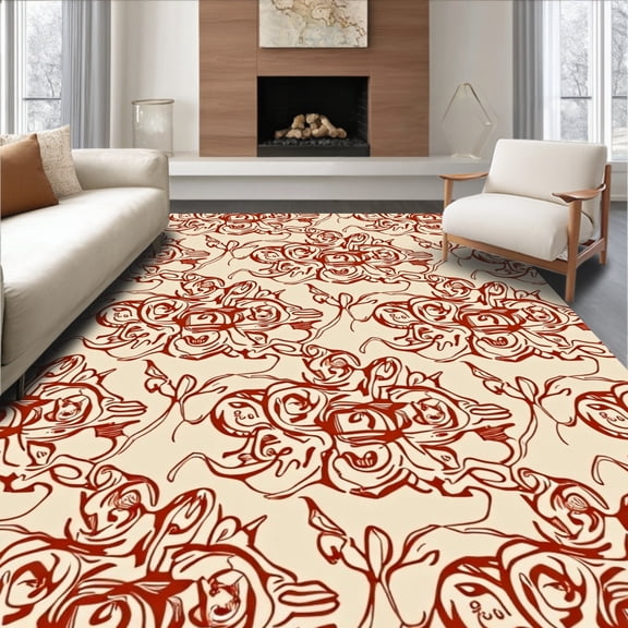 ODIKA 4'x6' Machine Washable Non-Slip Area Rug, Ornate Prairie Bloom High Traffic Rug, Beige, 299564