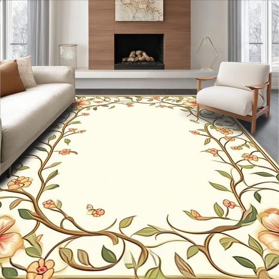 ODIKA 4'x6' Machine Washable Non-Slip Area Rug, Ornate Scrollwork Border with Subtle Vine Motif and Flowing Curvilinear Accents High Traffic Rug, Beige, 266628