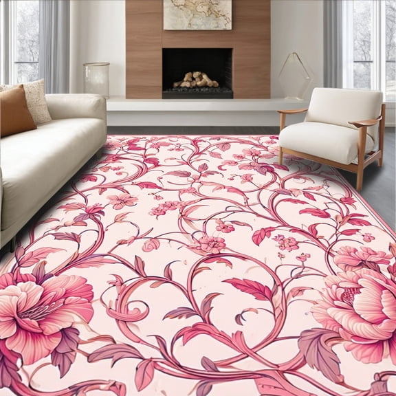 ODIKA 4'x6' Machine Washable Non-Slip Area Rug, Ornate Vintage Botanical with Repeating Floral Scrolls and Leafy Filigree High Traffic Rug, Pink, 218559