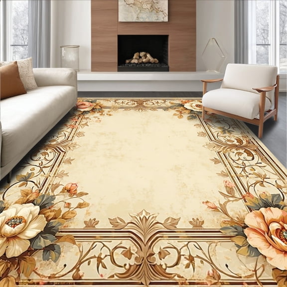 ODIKA 6'x9' Machine Washable Non-Slip Area Rug, Ornate Vintage Floral with Filigree Borders and Patina Finish High Traffic Rug, Beige, 84145