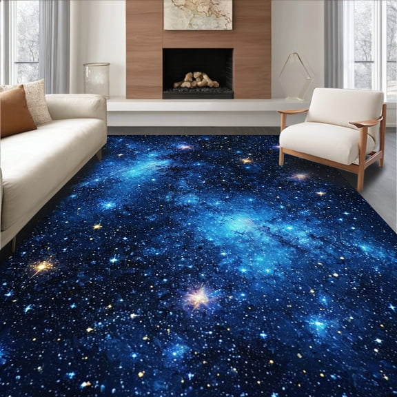 ODIKA 8'x10' Machine Washable Non-Slip Area Rug, Outer Space Playroom Plush High Traffic Rug, Blue, 1501