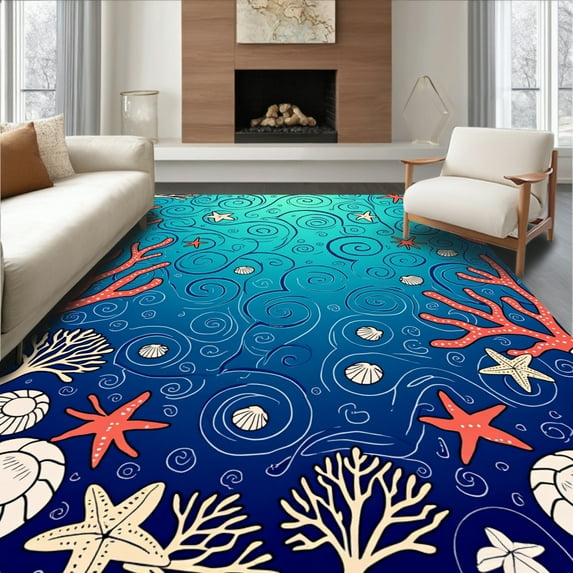 Flatwoven High Traffic Area Rug, Pacific Ocean Turtle Adventure Among ...