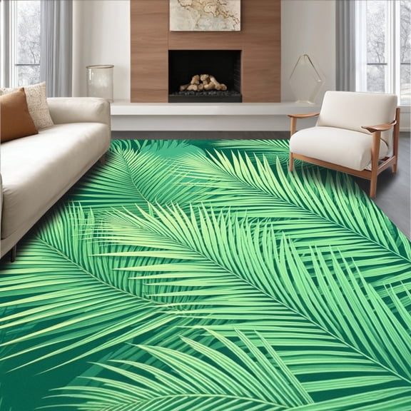 ODIKA 4'x6' Machine Washable Non-Slip Area Rug, Palm Frond Square Green Tropical Leaf Embossed High Traffic Rug, Green, 93220
