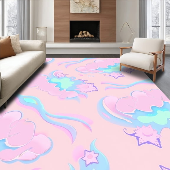 ODIKA 4'x6' Machine Washable Non-Slip Area Rug, Pastel Cloud Dreamscape Floating Fantasy Sky High Traffic Rug, Pink, 499106