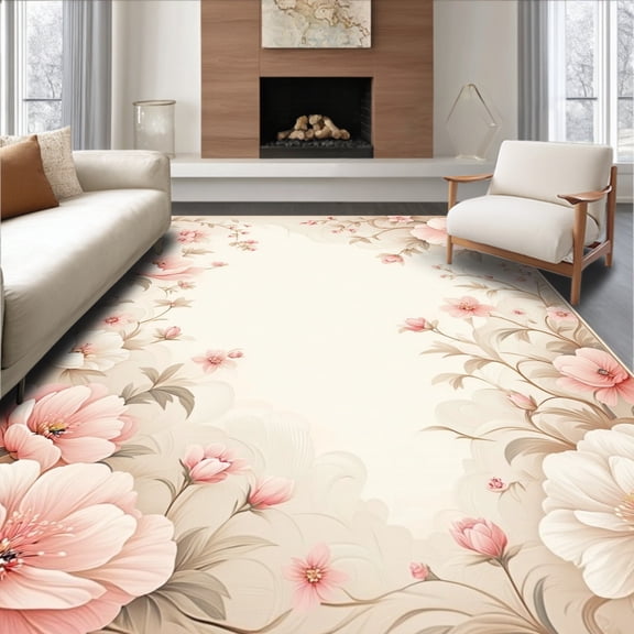 ODIKA 4'x6' Machine Washable Non-Slip Area Rug, Pastel Floral Blossom High Traffic Rug, Pink, 203364