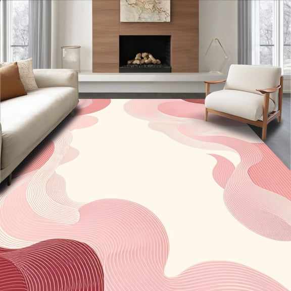 ODIKA 2'x3' Machine Washable Non-Slip Area Rug, Pastel Pink Circle Featuring Minimalist Swirl Motif for Youth High Traffic Rug, Beige, 75082