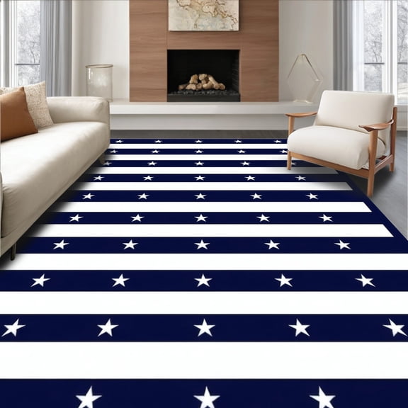 ODIKA 4'x6' Machine Washable Non-Slip Area Rug, Patriotic Pride Entrance Striped Independence Day High Traffic Rug, Blue, 99146