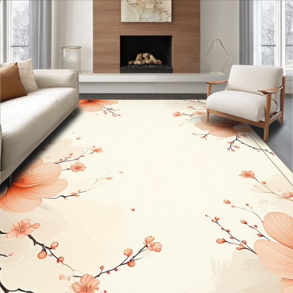 ODIKA 6'x9' Machine Washable Non-Slip Area Rug, Peach Kissed Modern Floral Accent Artistic Design High Traffic Rug, Beige, 42375