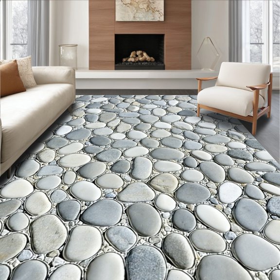 Flatwoven High Traffic Area Rug, Pebble Design Serene Gray & Stone Motif, Non Slip, Stain Resistant, Washable Area Rugs for Living Room, Bedroom(Gray, 2X3)