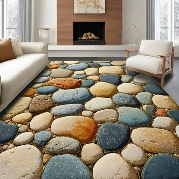 ODIKA 3'x5' Machine Washable Non-Slip Area Rug, Pebble Mosaic with Irregular Shapes and Subtle Metallic Highlights High Traffic Rug, Gray, 130337