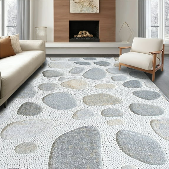 ODIKA 6'x9' Machine Washable Non-Slip Area Rug, Pebble Path Bath Abstract Stone Quick Dry High Traffic Rug, Gray, 58343