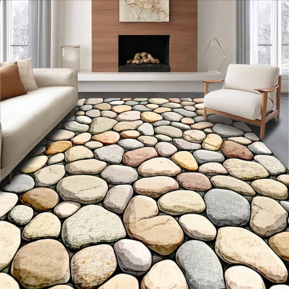 ODIKA 4'x6' Machine Washable Non-Slip Area Rug, Pebble Path Oval Pair Pack Natural Stone Motif High Traffic Rug, Beige, 157687