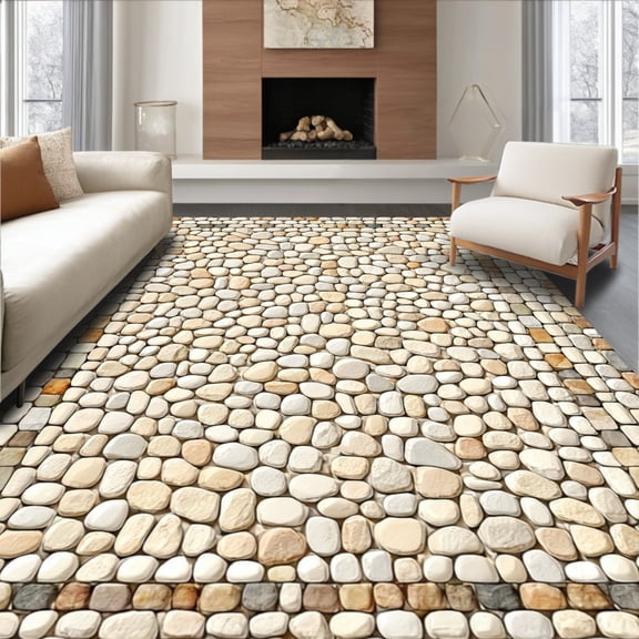 ODIKA 4'x6' Machine Washable Non-Slip Area Rug, Pebble Shore Beige Stone Inspired High Traffic Rug, Beige, 49544