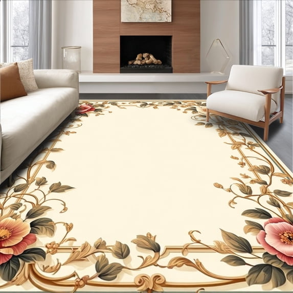 ODIKA 6'x9' Machine Washable Non-Slip Area Rug, Personalized Vintage Floral Border with Elegant Text Design High Traffic Rug, Beige, 136847