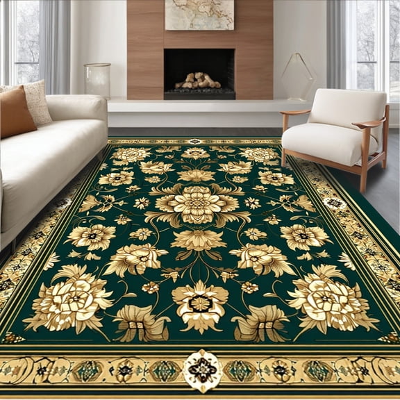 ODIKA 6'x9' Machine Washable Non-Slip Area Rug, Pet Friendly Velvet Look for High Traffic Rug, Dark Green, 86658