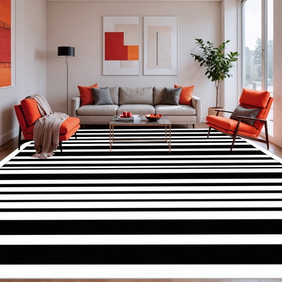 Flatwoven High Traffic Area Rug, Piano Key Striped Woven Minimalist Black & White Design, Non Slip, Stain Resistant, Washable Area Rugs for Living Room, Bedroom(Black, 2X3)