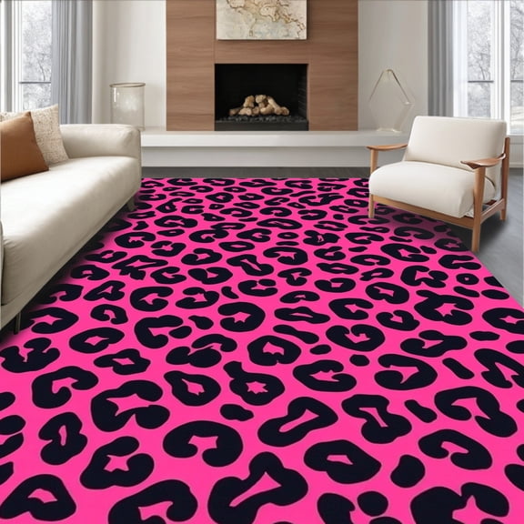 ODIKA 4'x6' Machine Washable Non-Slip Area Rug, Pink & Black Cheetah Print High Traffic Rug, Pink, 331592