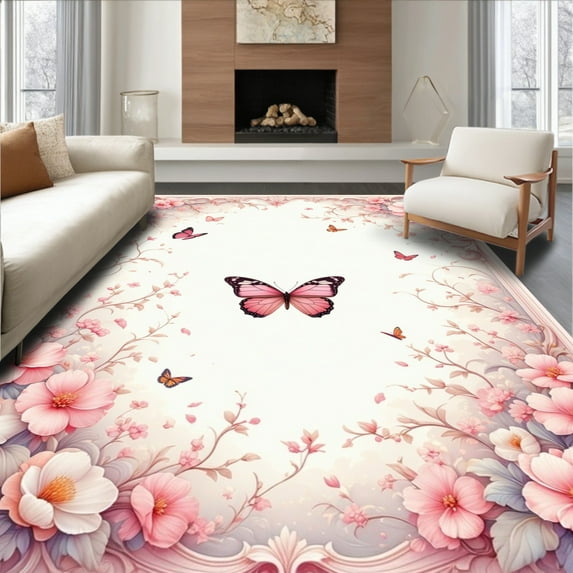 Flatwoven High Traffic Area Rug, Pink Floral, Non Slip, Stain Resistant, Washable Area Rugs for Living Room, Bedroom(Pink, 4X6)