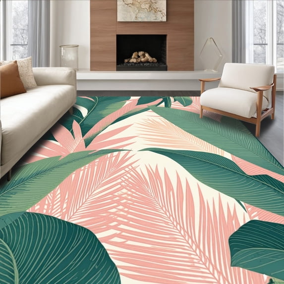 ODIKA 6'x9' Machine Washable Non-Slip Area Rug, Pink and Green Monstera Leaf Inspired Plant with Variegated Tropical Style High Traffic Rug, Green, 93248