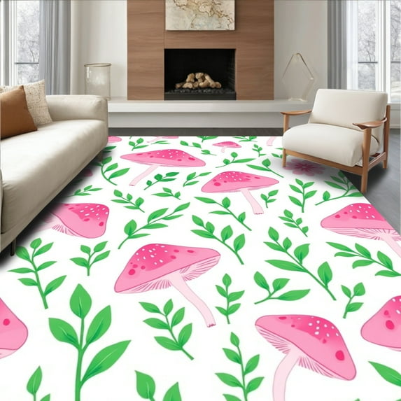 ODIKA 4'x6' Machine Washable Non-Slip Area Rug, Pink Mushroom Meadow Enchanting Forest High Traffic Rug, Pink, 312247