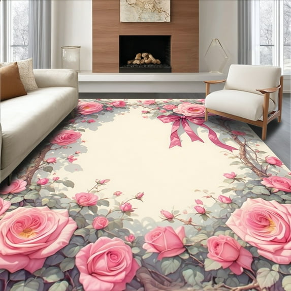 Flatwoven High Traffic Area Rug, Pink Rose Bouquet Floral Style, Non Slip, Stain Resistant, Washable Area Rugs for Living Room, Bedroom(Pink, 4X6)