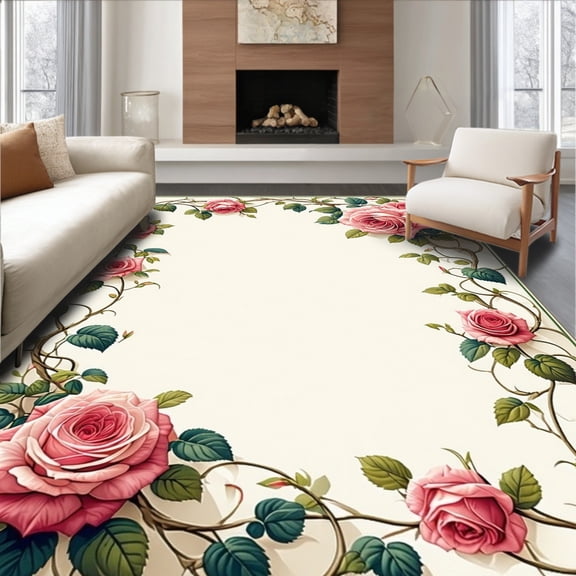 ODIKA 4'x6' Machine Washable Non-Slip Area Rug, Pink Rose and Green Vine with Waterproof Reversible Charm High Traffic Rug, Beige, 69139
