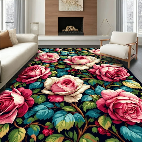 ODIKA 5'x7' Machine Washable Non-Slip Area Rug, Pink Rose Victorian ...