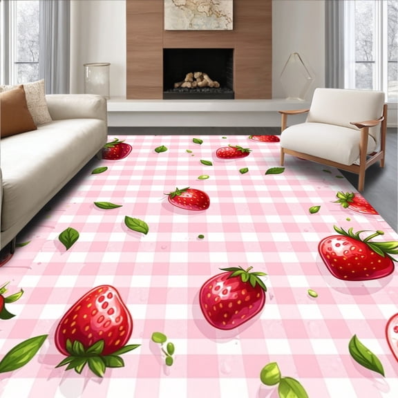 ODIKA 6'x9' Machine Washable Non-Slip Area Rug, Pink Strawberry and Checkered High Traffic Rug, Pink, 57969