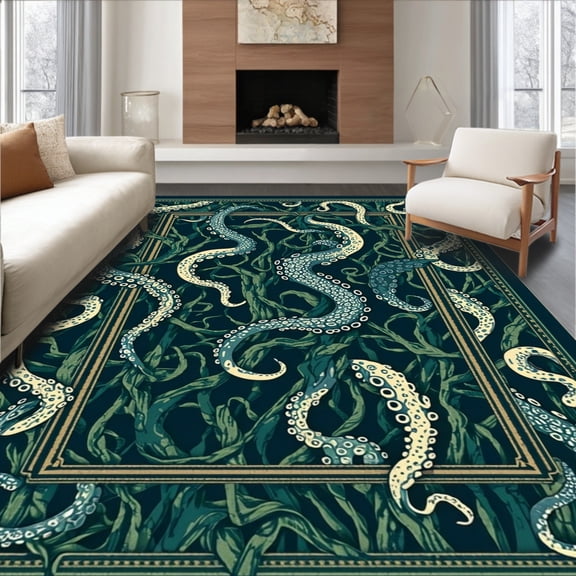 ODIKA 6'x9' Machine Washable Non-Slip Area Rug, Pirate Nautical Octopus Tentacle Ocean Animal High Traffic Rug, Green, 59809