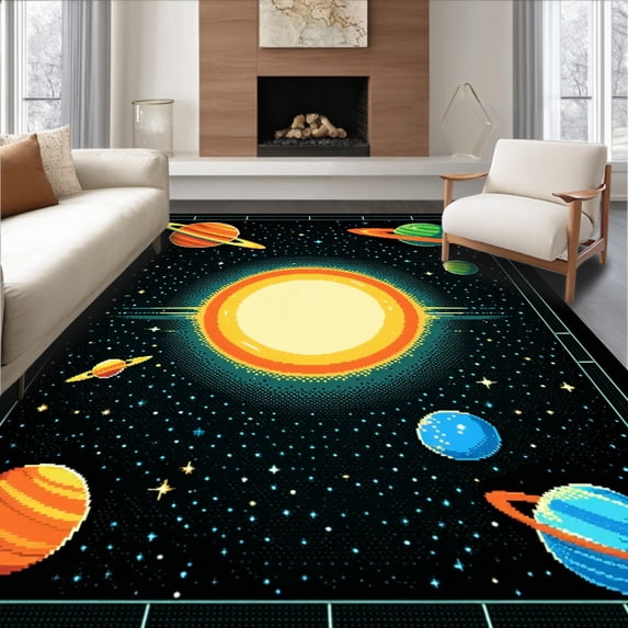ODIKA 3'x5' Machine Washable Non-Slip Area Rug, Planet Hopping Absorbent Non Slip Machine High Traffic Rug, Black, 89139