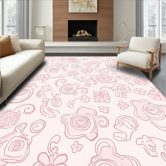 Flatwoven High Traffic Area Rug, Playful Abstract Animal Inspired Floral Swirls, Non Slip, Stain Resistant, Washable Area Rugs for Living Room, Bedroom(Pink, 5X7)