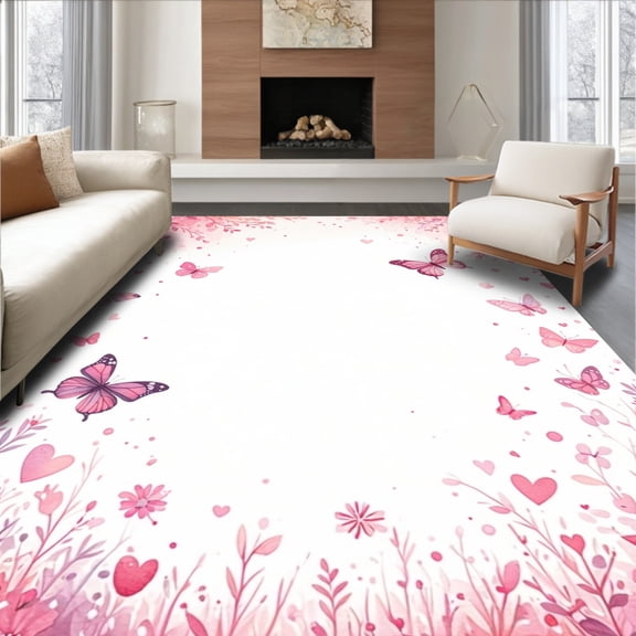 Flatwoven High Traffic Area Rug, Playful Butterfly Silhouette Collage with Sprinkled Dots, Non Slip, Stain Resistant, Washable Area Rugs for Living Room, Bedroom(Pink, 2X3)