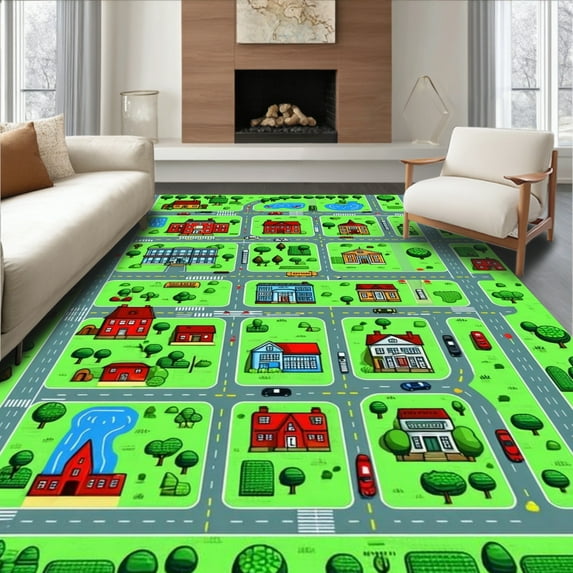 ODIKA 6'x9' Machine Washable Non-Slip Area Rug, Playful Cityscape Road Design High Traffic Rug, Green, 5563