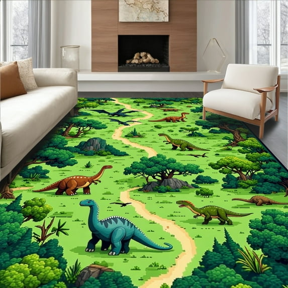 ODIKA 5'x7' Machine Washable Non-Slip Area Rug, Playful Dinosaur Expedition Motif High Traffic Rug, Green, 35190