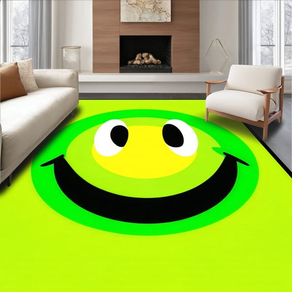 Flatwoven High Traffic Area Rug, Playful Green Smiley Face Absorbent Non Slip Floor, Non Slip, Stain Resistant, Washable Area Rugs for Living Room, Bedroom(Green, 2X3)