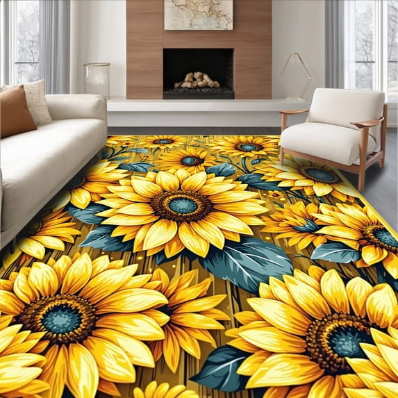 ODIKA 5'x7' Machine Washable Non-Slip Area Rug, Playful Nature Inspired Round Motif High Traffic Rug, Yellow, 28928