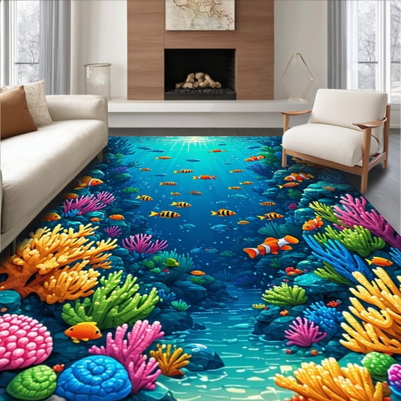 Flatwoven High Traffic Area Rug, Playful Ocean Theme Kindergarten Home Decor, Non Slip, Stain Resistant, Washable Area Rugs for Living Room, Bedroom(Blue, 4X6)