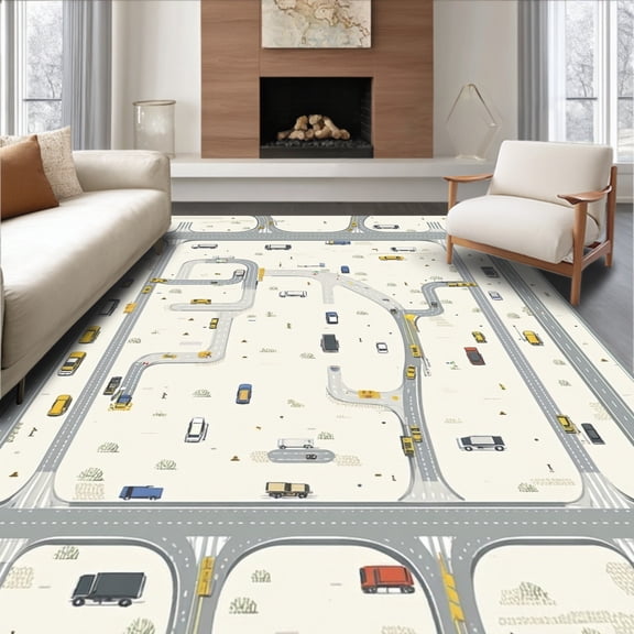 ODIKA 4'x6' Machine Washable Non-Slip Area Rug, Playful Pathways with Road and Vehicles in Cream Gray High Traffic Rug, Gray, 85586