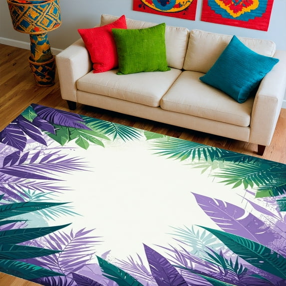 ODIKA 8'x10' Machine Washable Non-Slip Area Rug, Playful Purple Jungle Leaves High Traffic Rug, Green, 282960