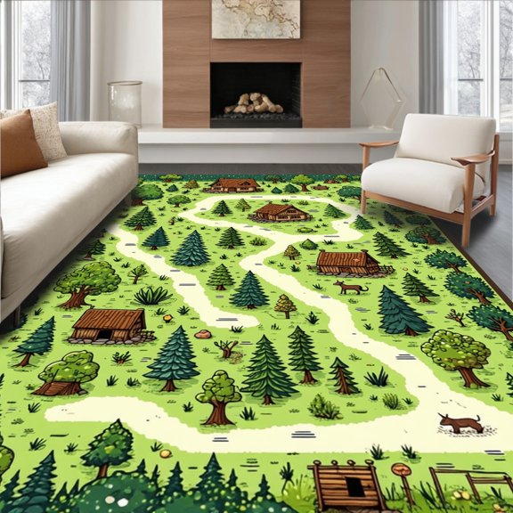 Flatwoven High Traffic Area Rug, Playful Retro Forest Map Design, Non Slip, Stain Resistant, Washable Area Rugs for Living Room, Bedroom(Green, 4X6)