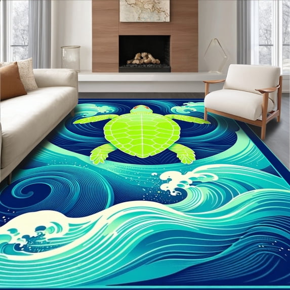 ODIKA 8'x10' Machine Washable Non-Slip Area Rug, Playful Sea Vortex with Dynamic Illusion High Traffic Rug, Blue, 98274
